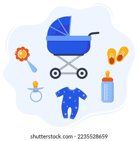 Newborn boy things. Elements for baby upbringing. Collection of bottle, sliders, pacifier, rattle, booties Vector illustration