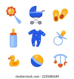Newborn boy things, set. Elements for baby upbringing in blue color. Collection of bottle, sliders, pacifier, rattle, booties, colorful toys. Vector illustration
