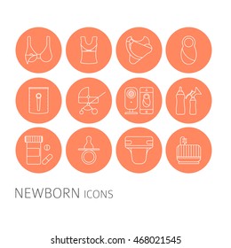 Newborn and breastfeeding vector icon set for web and mobile applications. Set includes -
bra for feeding, bottle, breast pump, breast, nipple,stroller,crib baby monitor, infant, diaper sling.