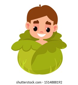 Newborn brunette toddler in the cabbage. Vector illustration in cartoon style.
