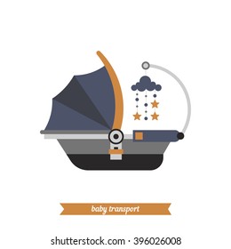 Newborn car seat. Vector baby transport, baby and childhood. Vector baby car seat and baby mobile. Car travel with baby. Babysitter. Baby transport. Baby shower. Baby shopping.