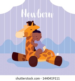 newborn card with baby boy afro and giraffe stuffed animal