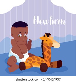 newborn card with baby boy afro and giraffe stuffed animal