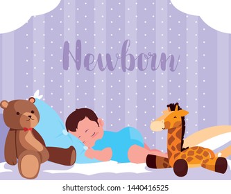 newborn card with baby boy sleeping with toys