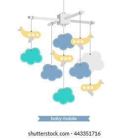 Newborn Card. Illustration Of Baby Mobile: Clouds And Airplanes. Vector Baby Shower Invitation. Vector Hanging Baby Toy.