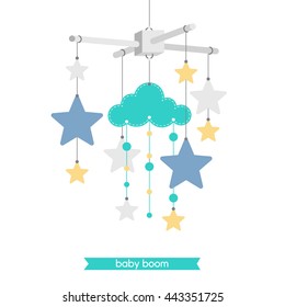 Newborn card. Illustration of baby mobile: cloud and stars. Vector baby shower invitation. Vector hanging baby toy.