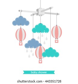 Newborn Card. Illustration Of Baby Mobile: Clouds And Balloons. Vector Baby Shower Invitation. Vector Hanging Baby Toy.