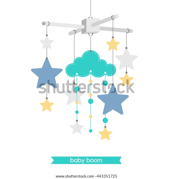 Newborn card.\
Illustration of baby mobile: cloud and stars. Vector baby shower\
invitation. Vector hanging baby\
toy.