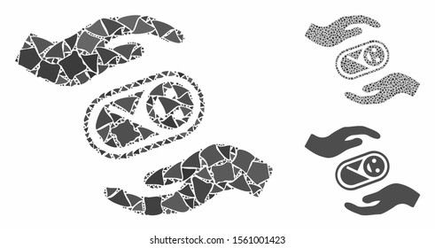 Newborn care hands composition of ragged parts in variable sizes and color tints, based on newborn care hands icon. Vector abrupt parts are organized into composition.