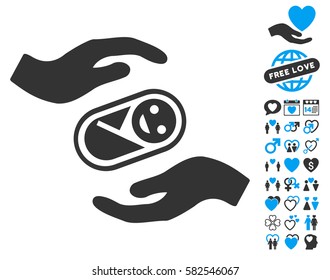 Newborn Care Hands icon with bonus decorative pictures. Vector illustration style is flat iconic blue and gray symbols on white background.