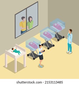 Newborn care hospital nursery with babies in cribs isometric 3d vector illustration concept for banner, website, illustration, landing page, flyer, etc.