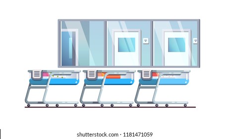 Newborn care hospital nursery ward interior with babies in cribs. Modern birthing center post-delivery child room with glass wall window for observation. Flat style isolated vector illustration