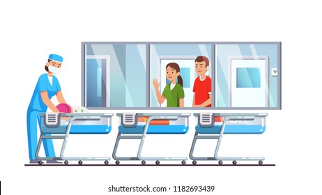 Newborn Care Hospital Nursery Ward Interior With Babies In Cribs. Mother And Father Parents Looking Through Window. Doctor Lying Child After Examination In Post Delivery Room. Flat Vector Illustration