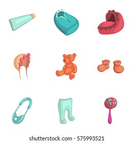 Newborn care icons set. Cartoon illustration of 9 newborn care vector icons for web