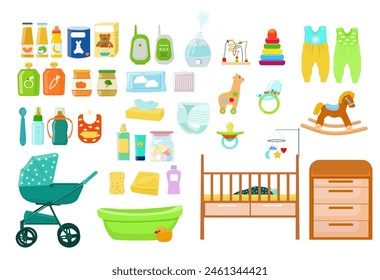 Productos para el cuidado del recién nacido, comida, botella, chupete, ropa, juguetes, champú, cochecito, cuna, pañal. Ilustración vectorial.