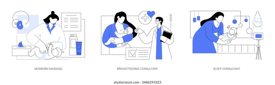 Newborn care service isolated cartoon vector illustrations set. Pediatrician makes soothing massage to a baby, breastfeeding consultant, infant sleep therapist, online workshop vector cartoon.