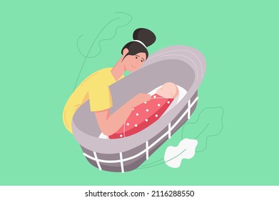 Newborn care in young family modern flat concept. Happy mom hugging cute baby while sleeps in crib. Motherhood, tenderness and childhood. Vector illustration with people scene for web banner design