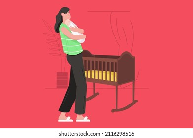 Newborn care in young family modern flat concept. Happy mother holding and hugging sleeping baby in kid bedroom. Motherhood and childhood. Vector illustration with people scene for web banner design