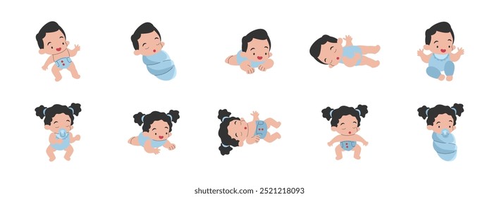 Newborn Character flat illustration set. Include of baby, happy, child, newborn, and childhood. Vector illustration isolated.