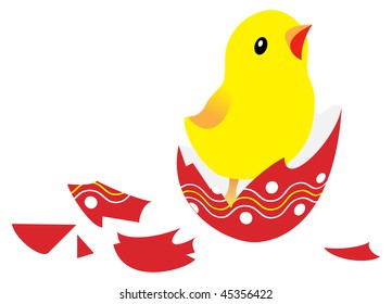 Newborn chick with agg shell. Isolated on white background. Vector illustration