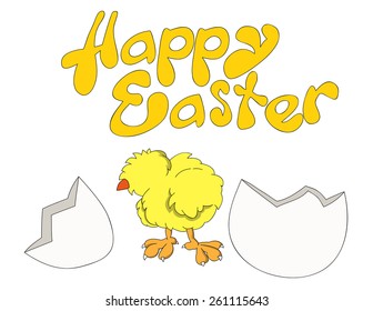 A newborn chick near a chipped shell, Happy Easter illustration isolated on white.
