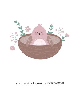 Newborn chick sitting in a nest. Illustration in simple flat style