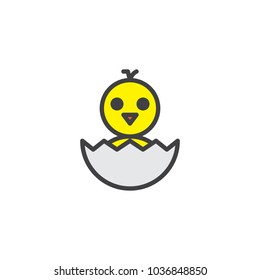 Newborn chicken in eggshell filled outline icon, line vector sign, linear colorful pictogram isolated on white. Hatched chicken symbol, logo illustration. Pixel perfect vector graphics