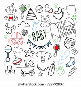 Newborn Child Hand Drawn Doodle with Toys, Boy and Sketchy Elements. Baby Shower Patches. Vector illustration
