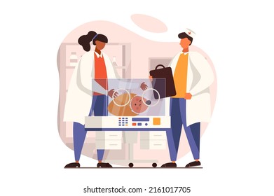 Newborn child in hospital incubator box web concept in flat design. Doctor and nurse examining newborn baby boy or girl in neonatal intensive care medical clinic. Vector illustration with people scene