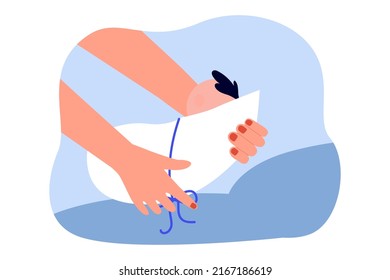 Newborn child in human hands flat vector illustration. Motherhood, childbirth, parenthood, maternity, childcare, assistance concept for banner, website design or landing web page