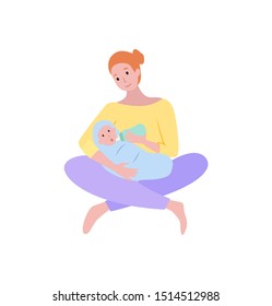 Newborn child vector, isolated woman with kid feeding baby, childcare flat style. Happy motherhood and childhood, people family, loving parent female