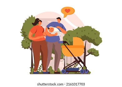 Newborn child in young family web concept in flat design. Happy dad and mom walking with infant in crib. Father and mother pastime with small kid in city park. Vector illustration with people scene