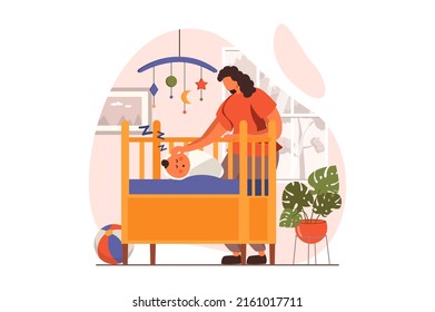 Newborn child in young family web concept in flat design. Happy mother stands by crib with sleeping baby. Mother takes care of small kid. Motherhood, childhood. Vector illustration with people scene