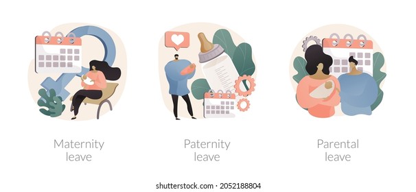 Newborn childcare abstract concept vector illustration set. Maternity and paternity leave, expecting a baby, parental child care, pregnant woman, home office, happy family with kid abstract metaphor.