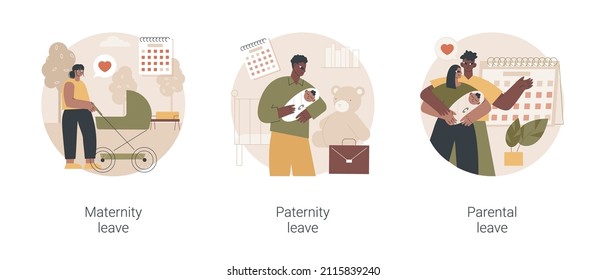 Newborn childcare abstract concept vector illustration set. Maternity and paternity leave, expecting a baby, parental child care, pregnant woman, home office, happy family with kid abstract metaphor.