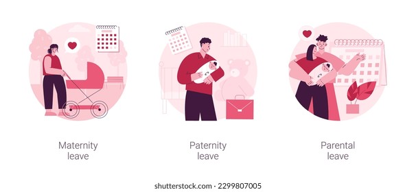 Newborn childcare abstract concept vector illustration set. Maternity and paternity leave, expecting a baby, parental child care, pregnant woman, home office, happy family with kid abstract metaphor.