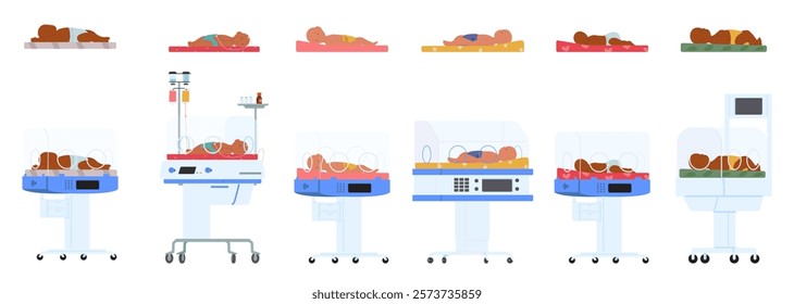 Newborn children little patients at neonatal intensive care center waiting for therapy isolated set on white. Preterm babies cartoon characters on hospital bed and in incubator box vector illustration