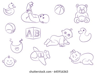 New-born children of toy for children doodle. Toy, block, ball, airplane, duck, bib, baby, born. Vector illustration