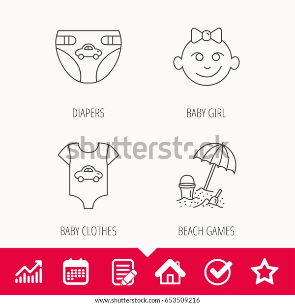 Newborn clothes, diapers and baby girl
icons. Beach games linear sign. Edit document, Calendar and Graph
chart signs. Star, Check and House web icons.
Vector