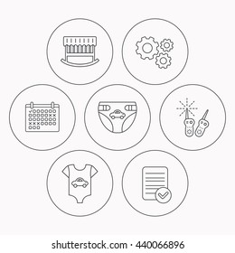 Newborn clothes, diapers and sleep cradle icons. Radio monitoring linear sign. Check file, calendar and cogwheel icons. Vector