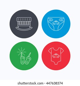 Newborn clothes, diapers and sleep cradle icons. Radio monitoring linear sign. Linear icons on colored buttons. Flat web symbols. Vector