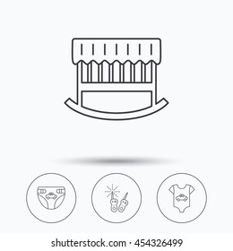 Newborn clothes, diapers and sleep cradle icons. Radio monitoring linear sign. Linear icons in circle buttons. Flat web symbols. Vector