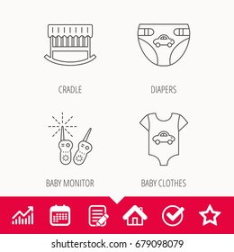 Newborn clothes, diapers and sleep cradle icons. Radio monitoring linear sign. Edit document, Calendar and Graph chart signs. Star, Check and House web icons. Vector