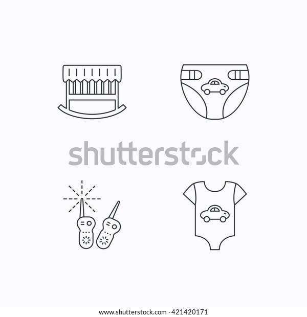 Newborn clothes, diapers and sleep cradle icons.\
Radio monitoring linear sign. Flat linear icons on white\
background. Vector
