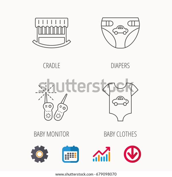 Newborn clothes, diapers and sleep\
cradle icons. Radio monitoring linear sign. Calendar, Graph chart\
and Cogwheel signs. Download colored web icon.\
Vector