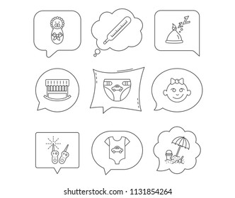 Newborn clothes, diapers and sleep hat icons. Thermometer, baby girl and cradle linear signs. Beach games, monitoring flat line icons. Linear Speech bubbles with icons set. Comic chat balloon. Vector