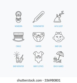 Newborn clothes, diapers and sleep hat icons. Thermometer, baby girl and cradle linear signs. Beach games, monitoring flat line icons. Linear set icons on white background.