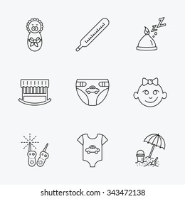 Newborn clothes, diapers and sleep hat icons. Thermometer, baby girl and cradle linear signs. Beach games, monitoring flat line icons. Linear black icons on white background.