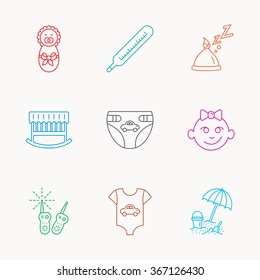 Newborn clothes, diapers and sleep hat icons. Thermometer, baby girl and cradle linear signs. Beach games, monitoring flat line icons. Linear colored icons.
