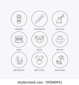 Newborn clothes, diapers and sleep hat icons. Thermometer, baby girl and cradle linear signs. Beach games, monitoring flat line icons. Linear colored in circle edge icons.